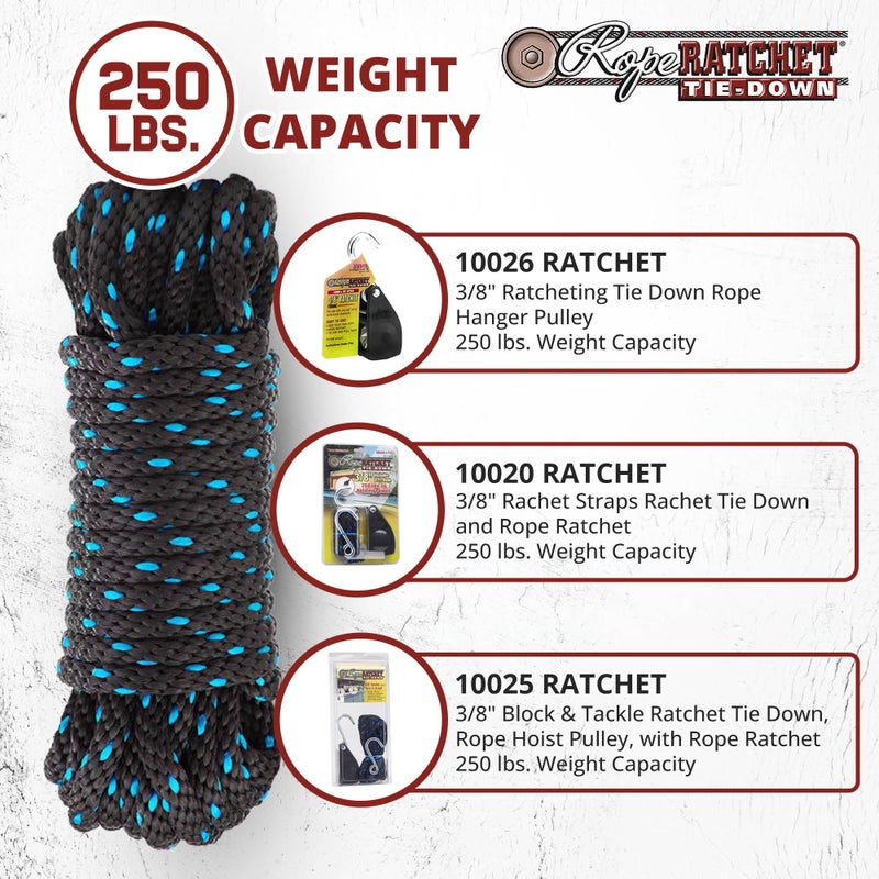 Rope Ratchet 3/8" 50 ft Braided Polypropylene Utility Cord, Weather Resistant Indoor Outdoor for Gardening, DIY Projects, Securing Loads, Binding, Knot Tying, Tarp Use, 250 lb Capacity - Black/Blue - Image 4